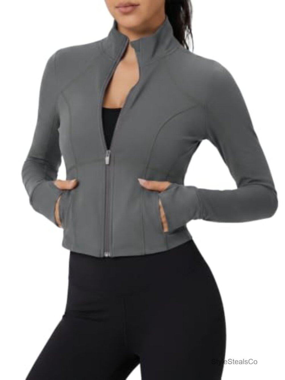 Women's Cropped Workout Jacket UPF 50+ Full Zip Slim Fit Athletic Top with